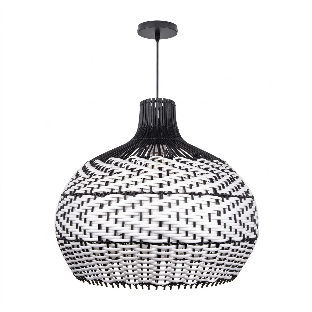 Black & White Woven Rattan Pendant Light – Boho Dome Lighting for Kitchen & Dining