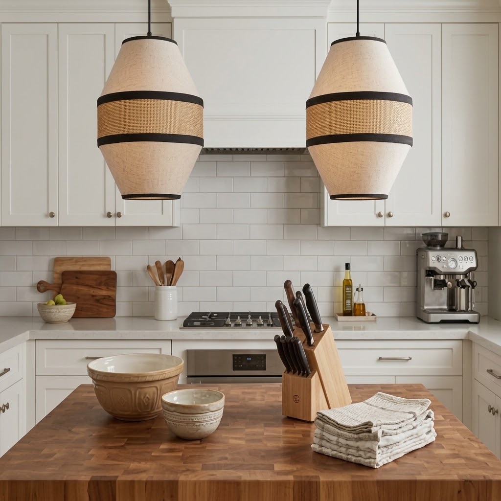 Japandi Linen Pendant Light - Modern Woven Rattan Drum Chandelier