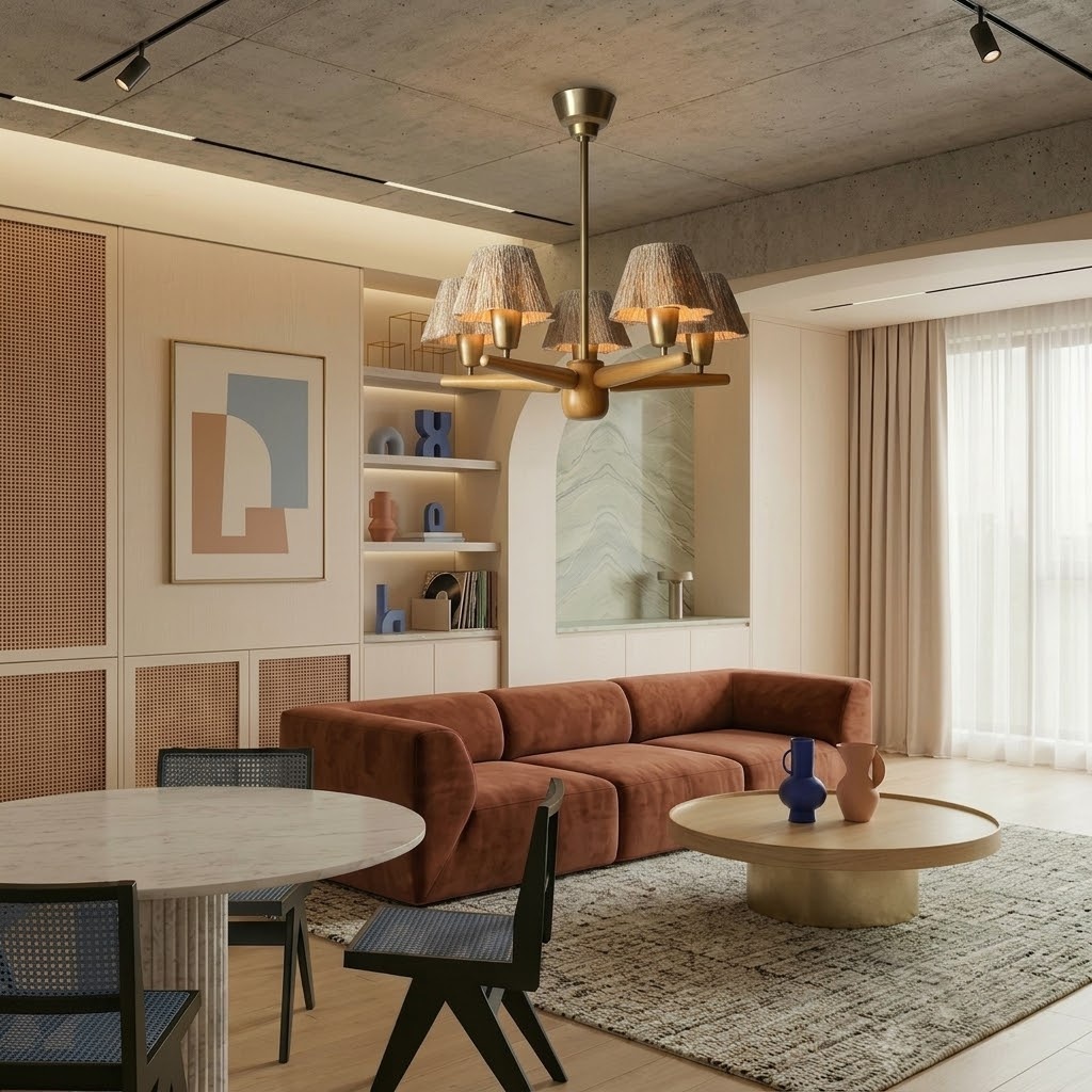 Mid-Century Solid Wood Fabric Chandelier for Dining Room & Bedroom