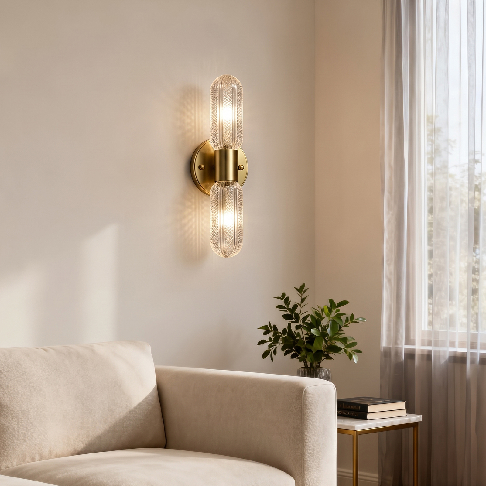 French Luxury Double Head Glass Wall Light-Modern Brass Sconce for Bedroom Living Room & Hallway