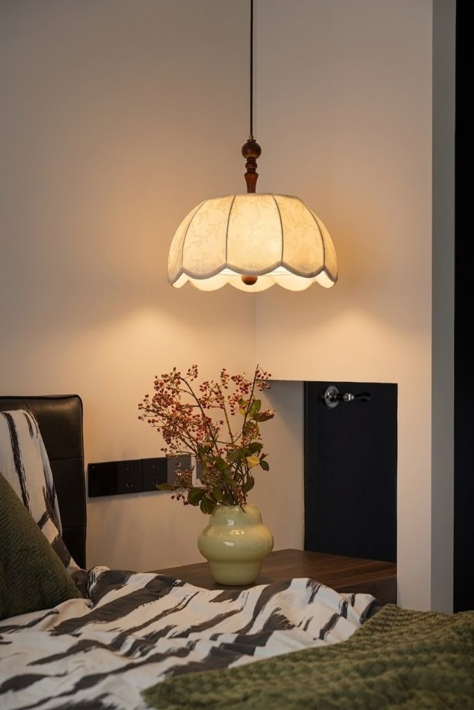 Vintage Walnut Fabric Pendant Light for Dining Room