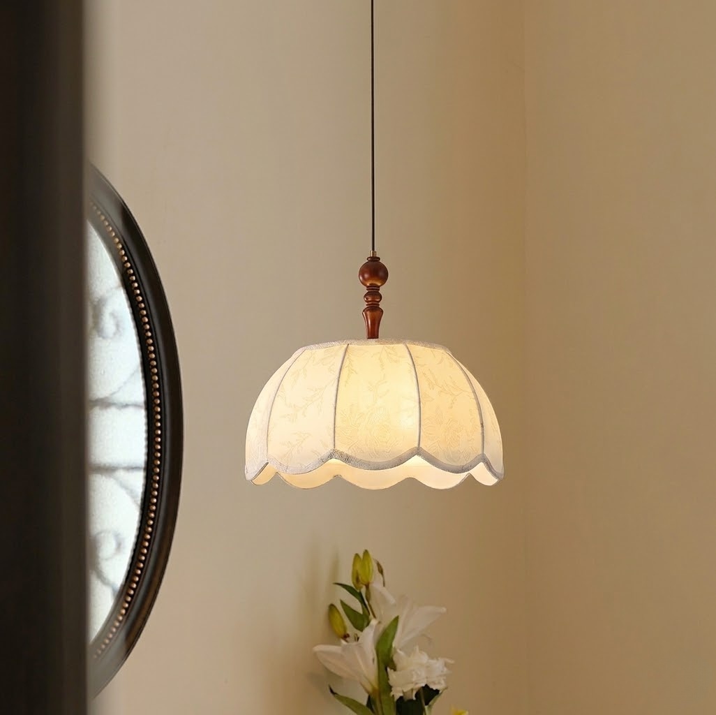Vintage Walnut Fabric Pendant Light for Dining Room