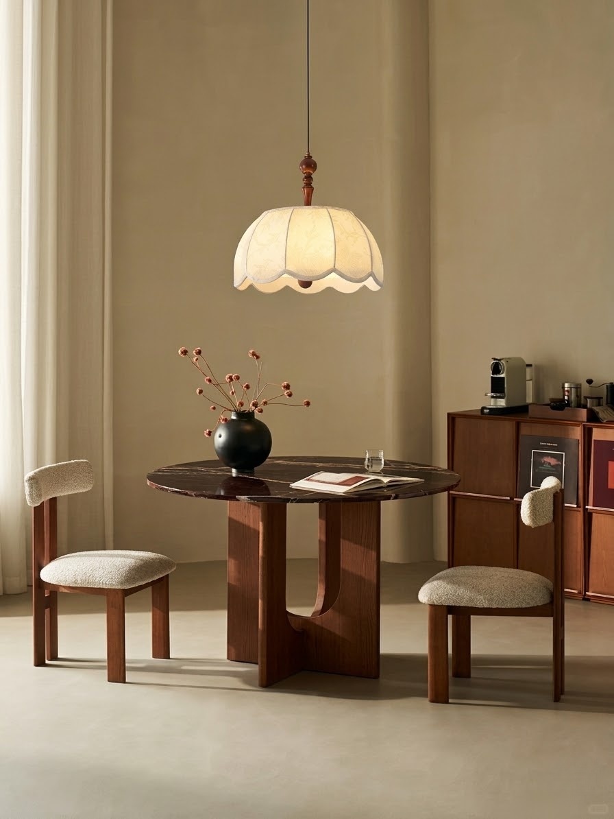 Vintage Walnut Fabric Pendant Light for Dining Room