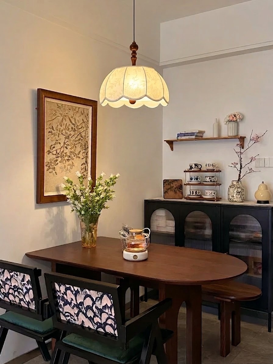 Vintage Walnut Fabric Pendant Light for Dining Room