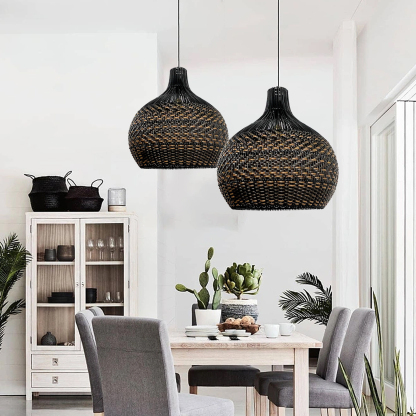 Black Pattern Basket Lampshade Vintage Rattan Pendant Light-labpiecesign
