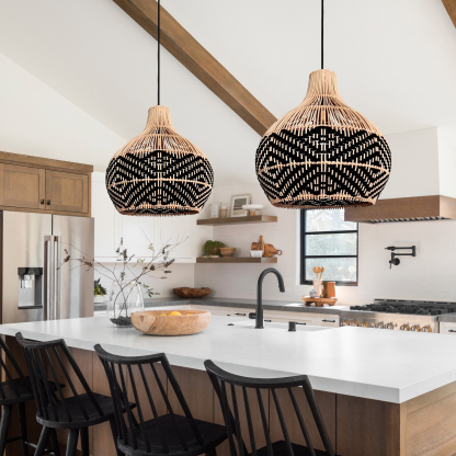 Black Pattern Lampshade Vintage Rattan Pendant Light-labpiecesign