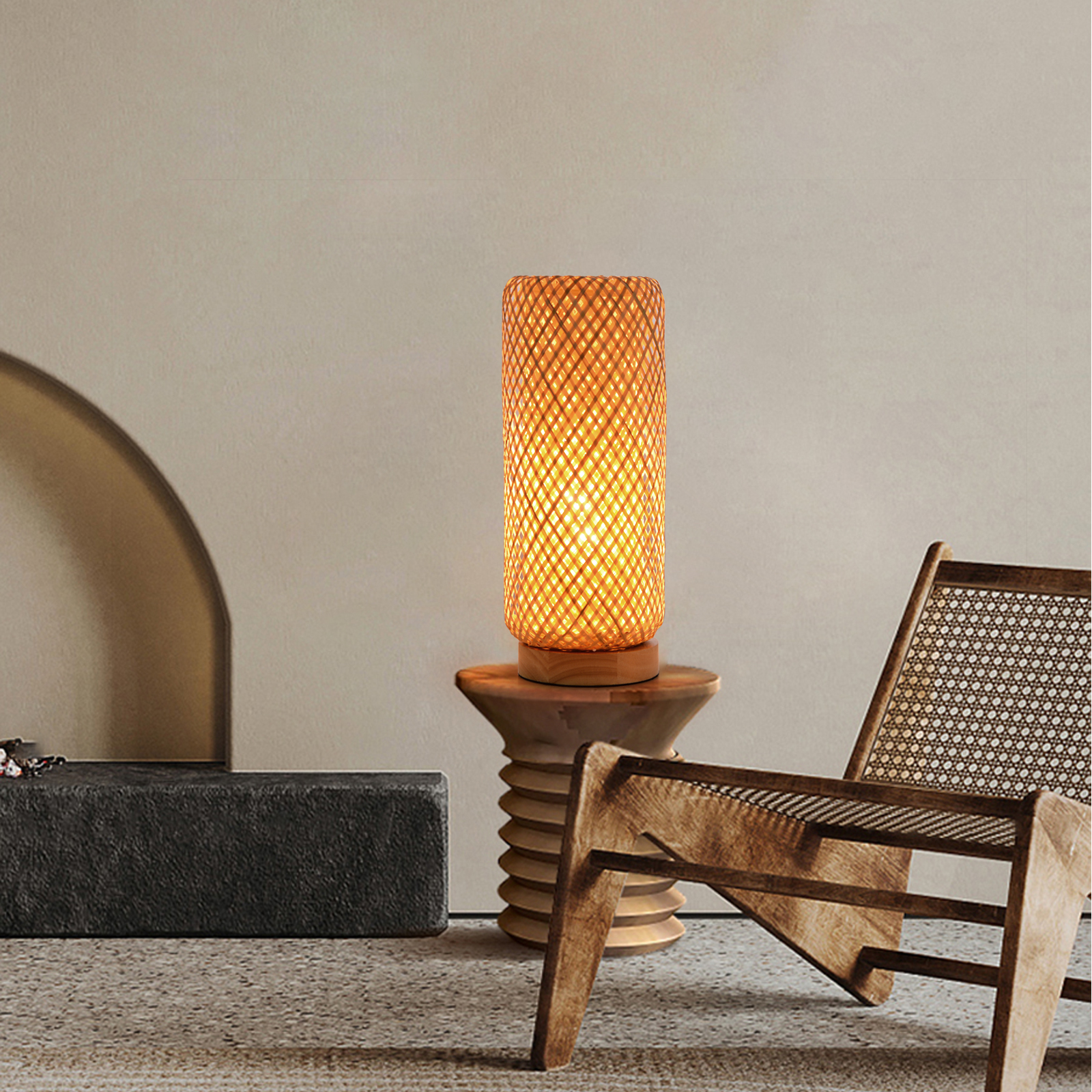 Cylindrical bamboo table lamp for bedroom
