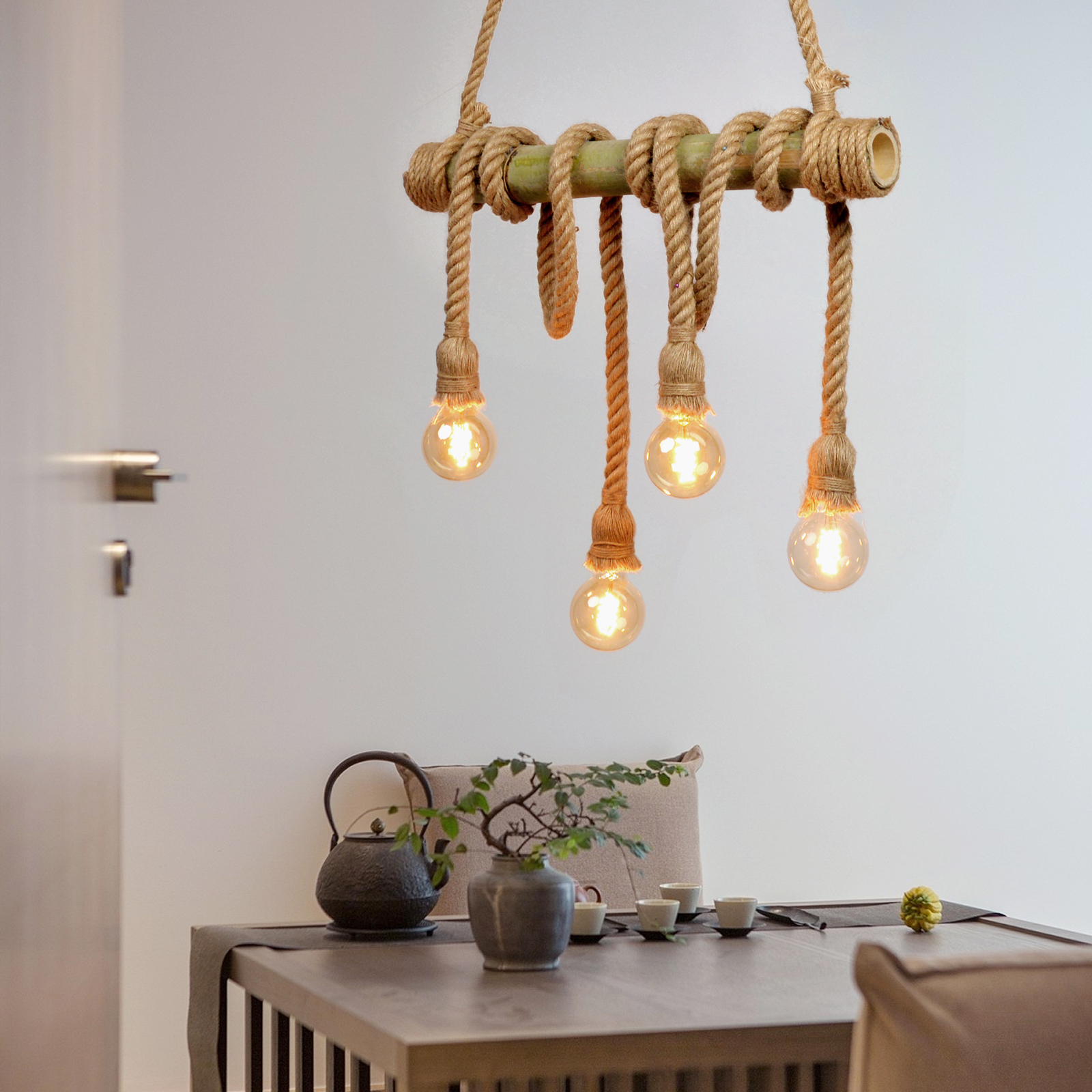 Industrial Vintage Island Pendant Light with Rope Wood Decoration-labpiecesign