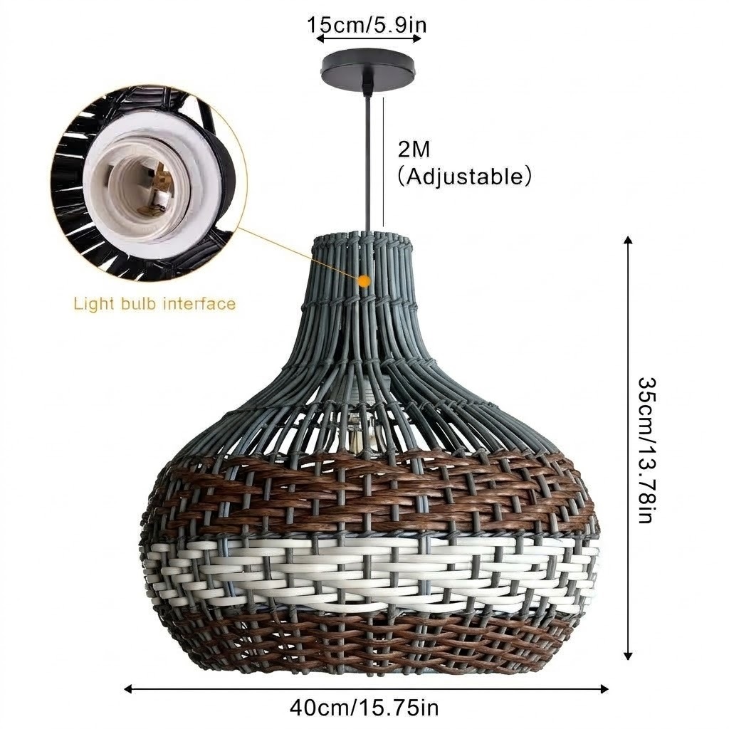 Black Rattan Pendant Light – Boho Dome Kitchen Island Lighting with Brown & White Weave