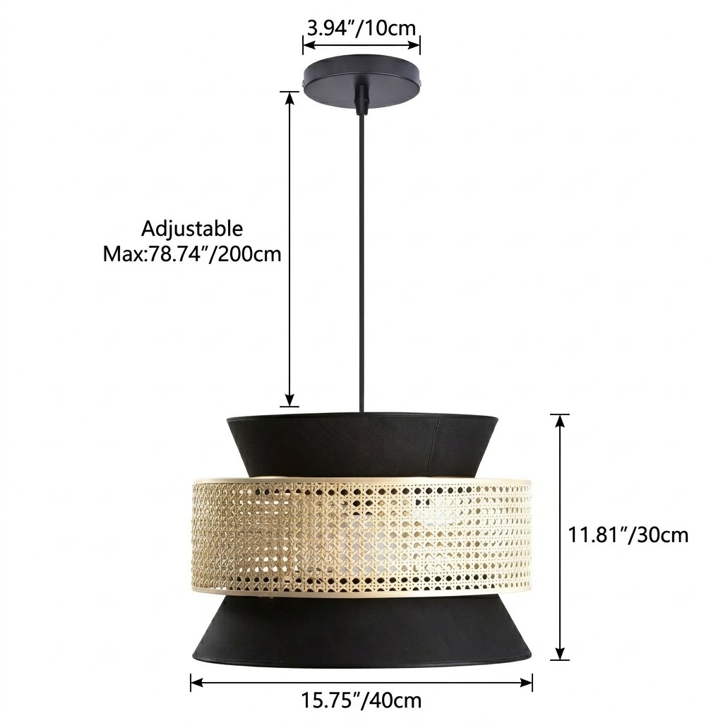 Modern Boho Black Fabric and Rattan Tiered Pendant Light for Dining Room