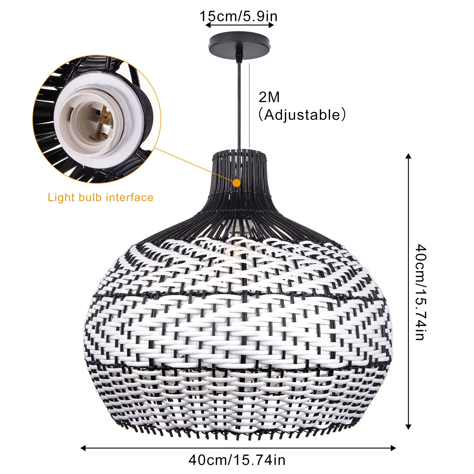 Black & White Woven Rattan Pendant Light – Boho Dome Lighting for Kitchen & Dining