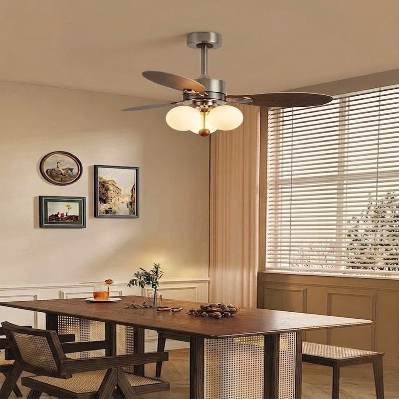 Mid-Century Walnut Ceiling Fan with Globe Lights for Living Room