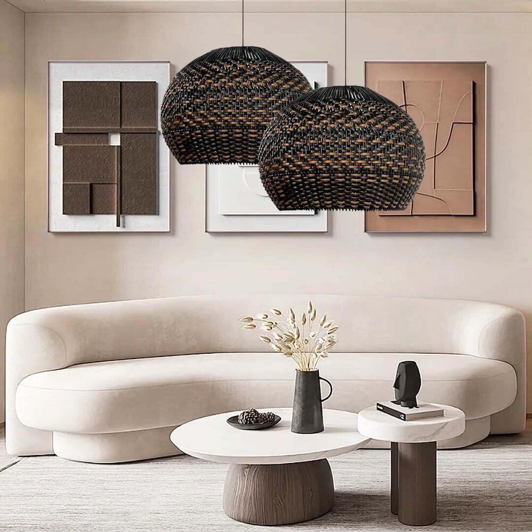 Vintage Black Pattern Basket Lampshade Rattan Pendant Light-labpiecesign