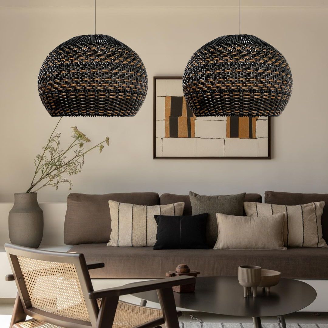 Vintage Black Pattern Basket Lampshade Rattan Pendant Light-labpiecesign