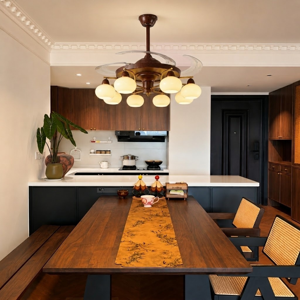 Mid-Century Walnut Retractable Ceiling Fan with Lights for Living Room
