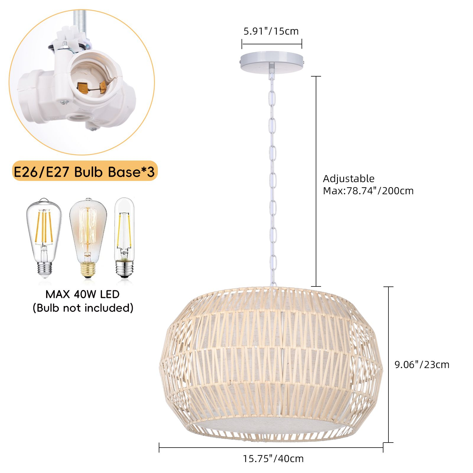 Natural Rattan Pendant Light, Boho Woven Ceiling Light