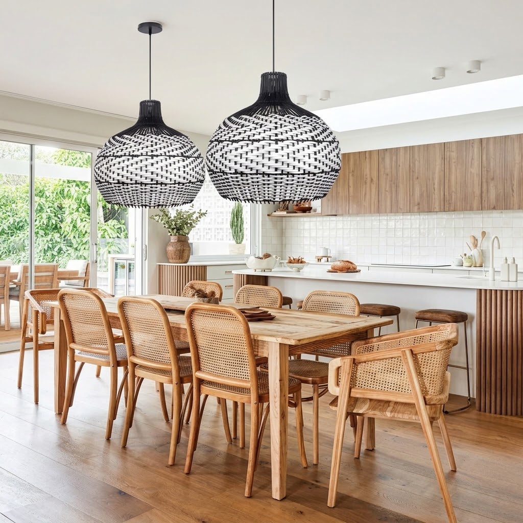 Black & White Woven Rattan Pendant Light – Boho Dome Lighting for Kitchen & Dining