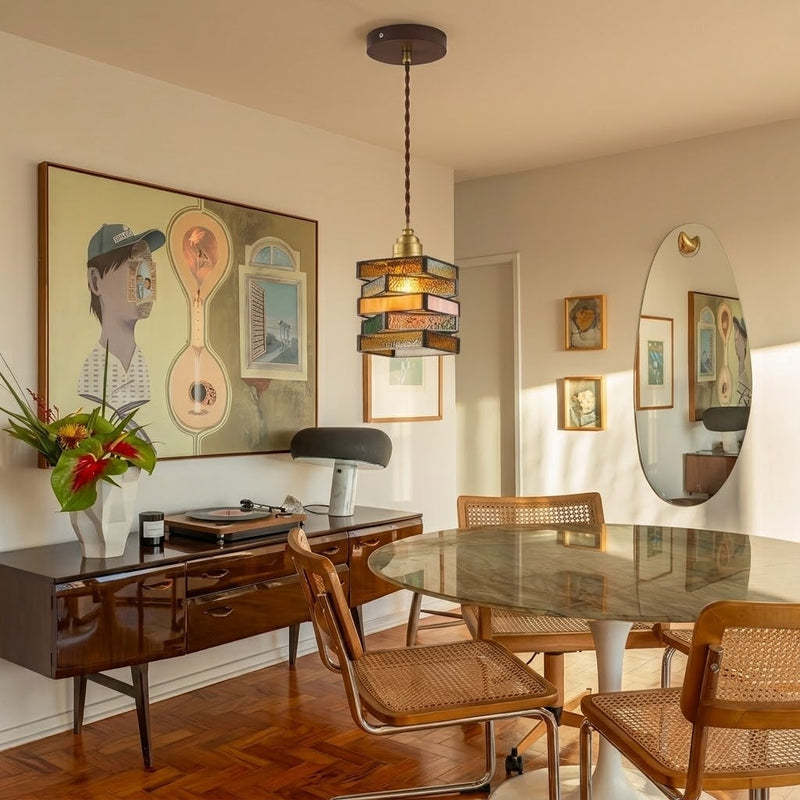 Vintage Geometric Stained Glass Pendant Light