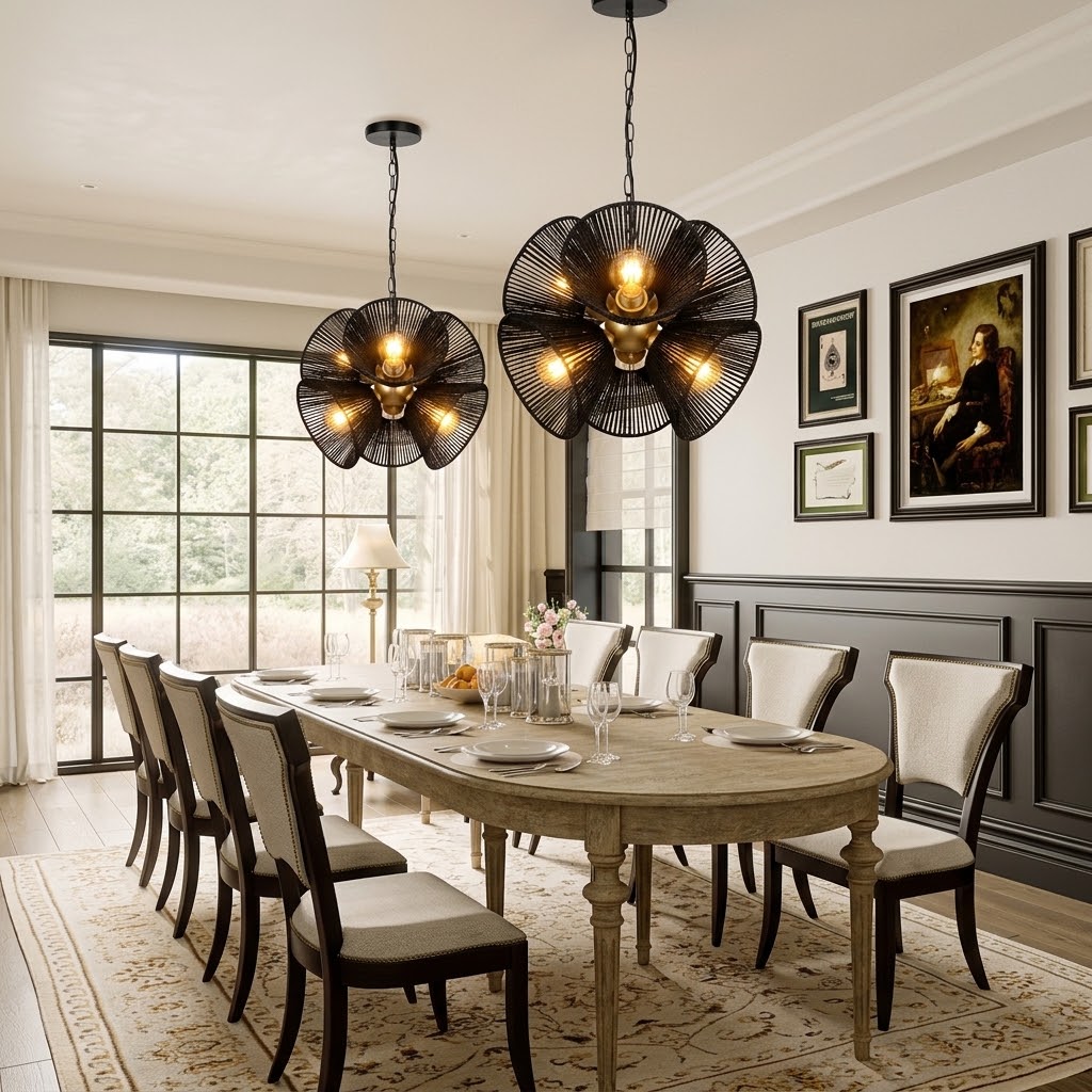 Boho Woven Rattan Flower Pendant Light for Dining Room & Kitchen Island
