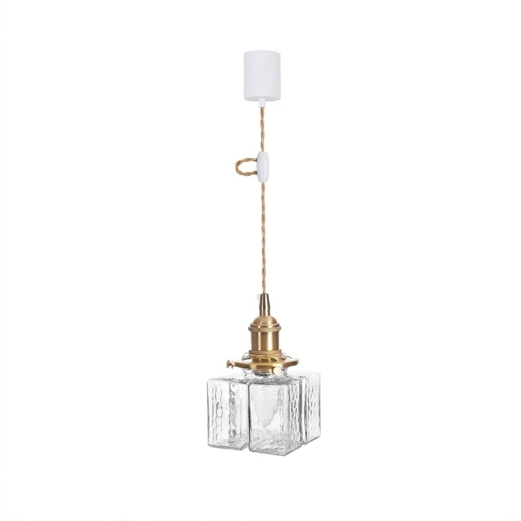 Modern Handblown Glass Pendant Light - Vintage Brass Square Hanging Lamp