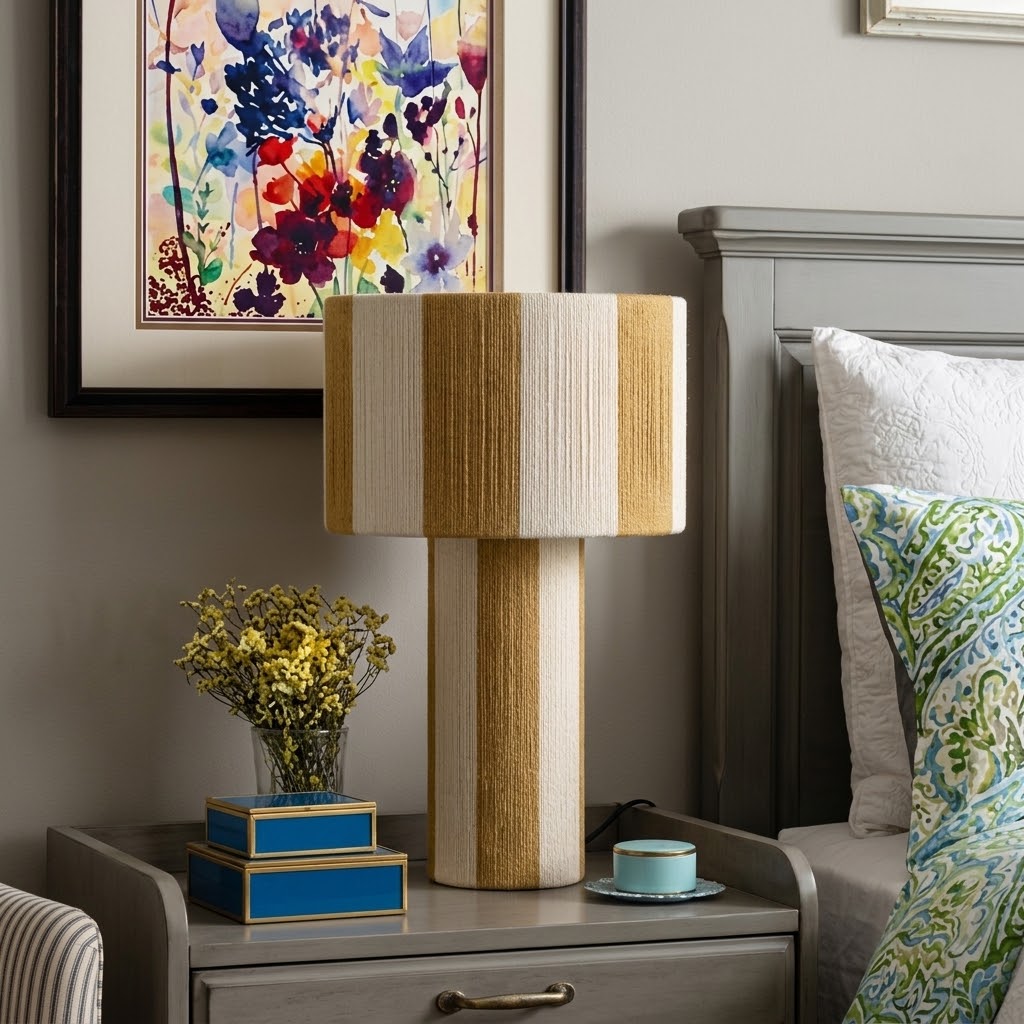 Modern Striped Cotton Cord Table Lamp for Bedroom & Living Room