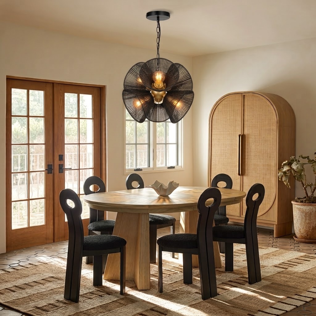 Boho Woven Rattan Flower Pendant Light for Dining Room & Kitchen Island