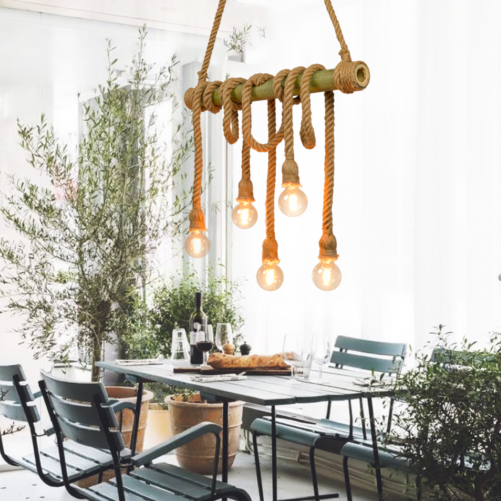 Industrial Vintage Island Pendant Light with Rope Wood Decoration-labpiecesign