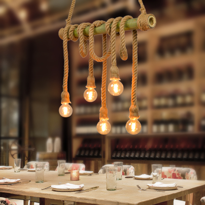 Industrial Vintage Island Pendant Light with Rope Wood Decoration-labpiecesign