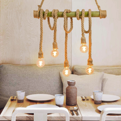 Industrial Vintage Island Pendant Light with Rope Wood Decoration-labpiecesign