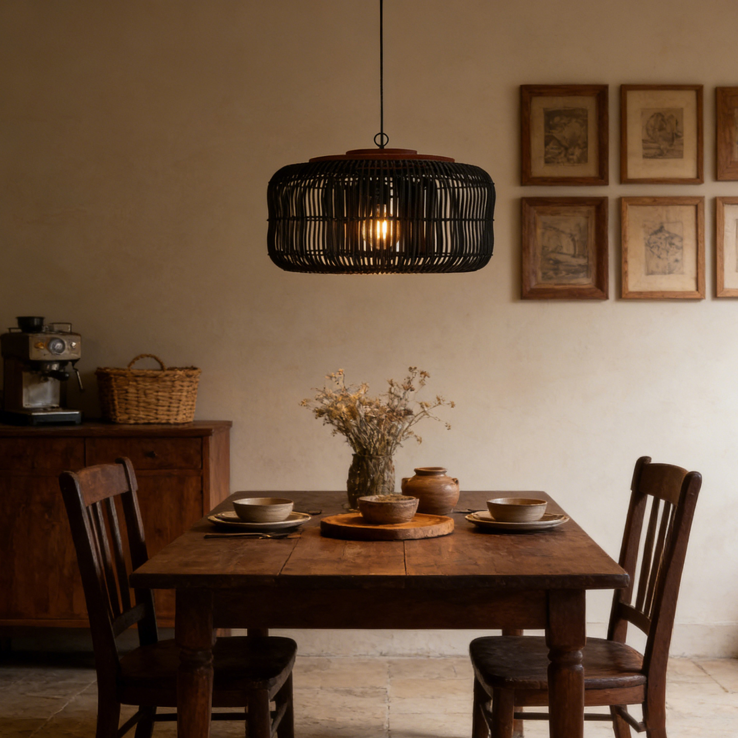 Vintage Black Wicker Pendant Light for Dining Room