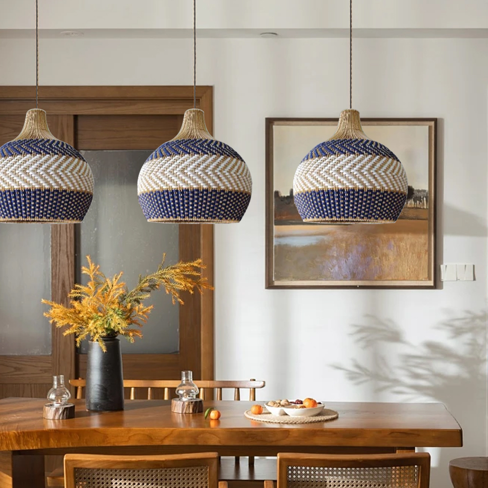 Boho Handmade Blue & White Unique Round Rattan Pendant Light for Dining Room