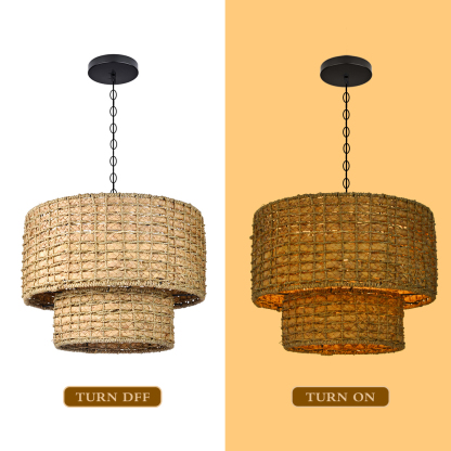 Double layer Natural Rattan Shade Traditional Drum Hanging Pendant Light-labpiecesign