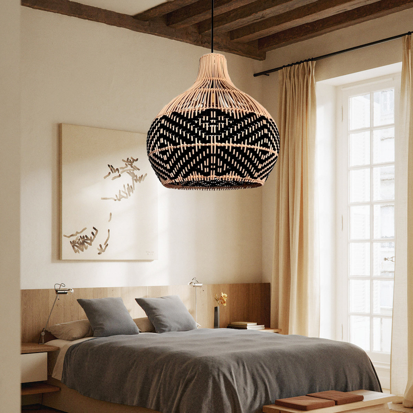 Black Pattern Lampshade Vintage Rattan Pendant Light