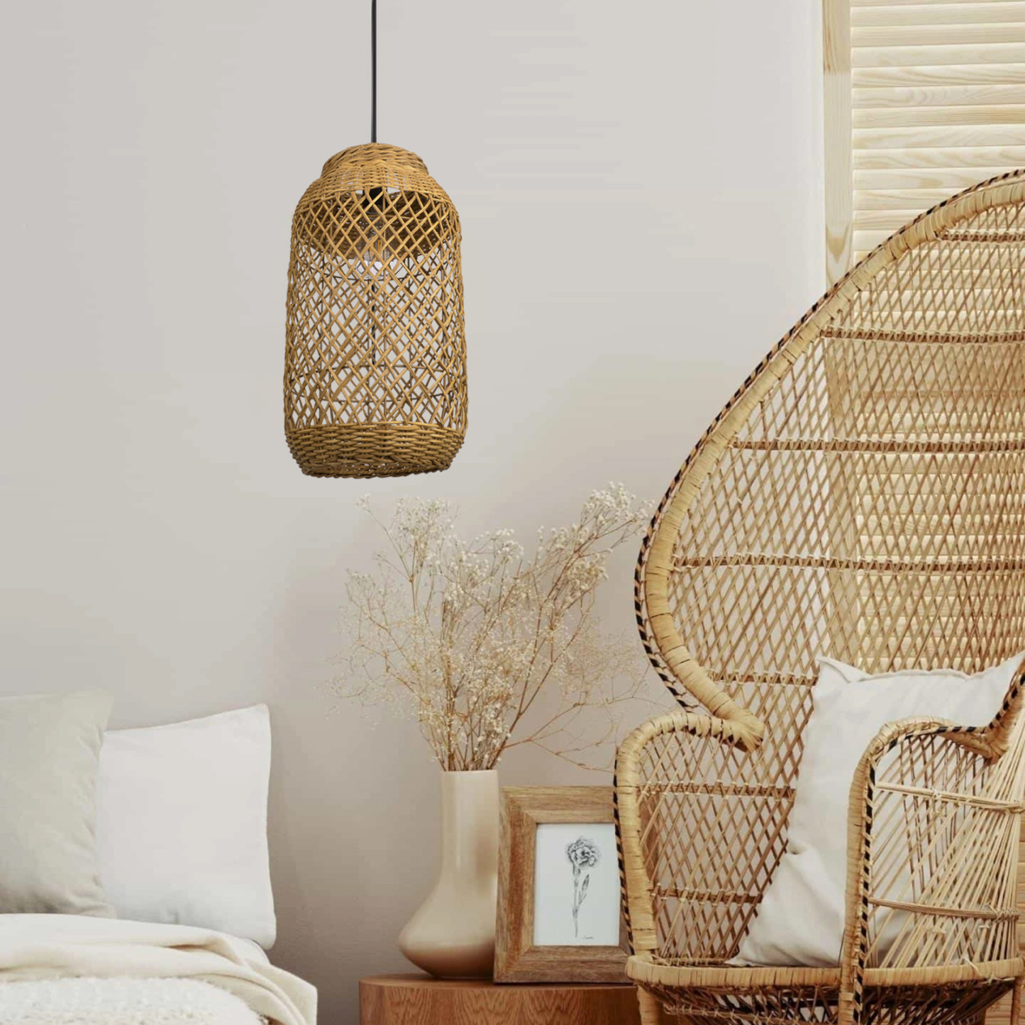 Natural Wabi-sabi style hollow hand-woven cylindrical pendant lgiht shade-labpiecesign