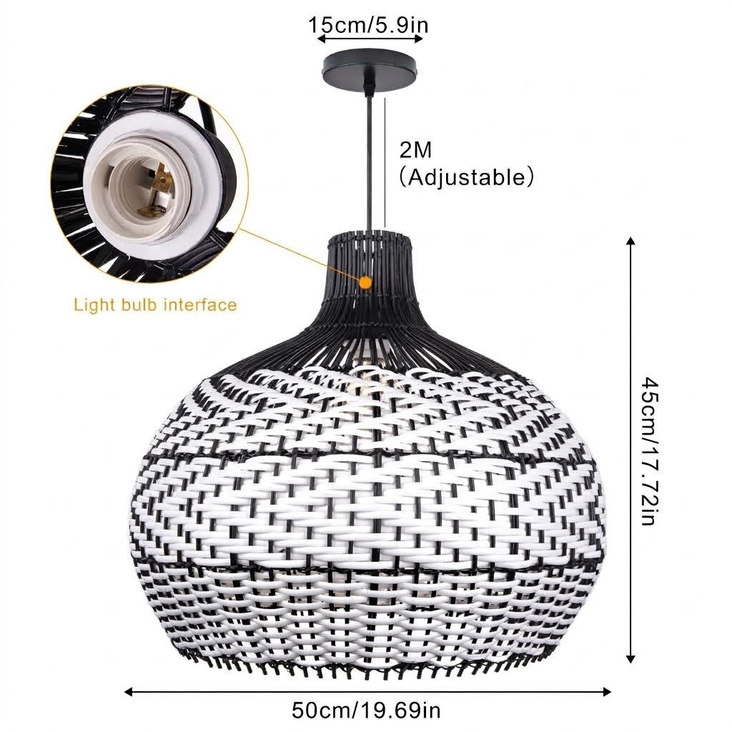 Black & White Woven Rattan Pendant Light – Boho Dome Lighting for Kitchen & Dining