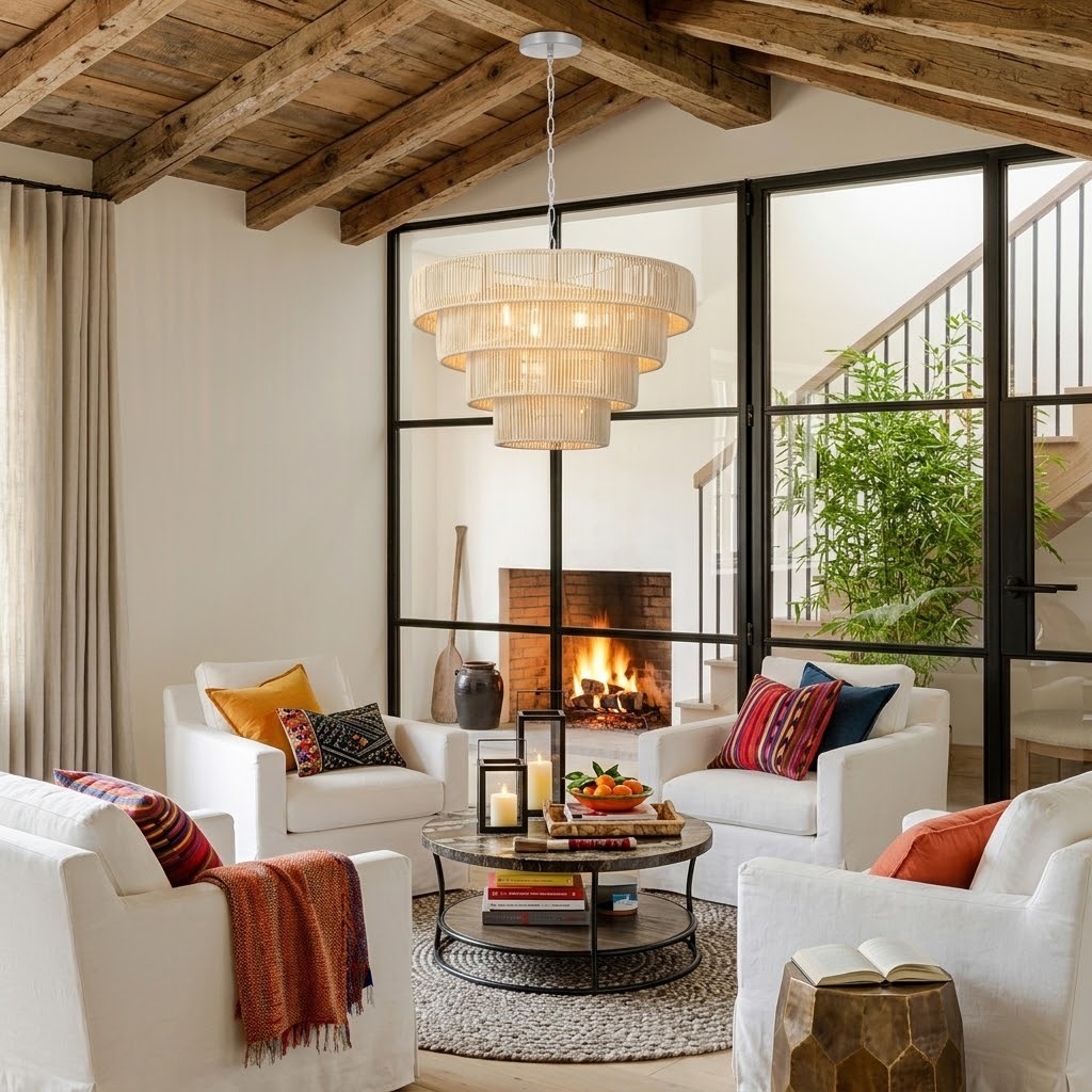 Natural Woven Rattan Tiered Pendant Light for Dining Room