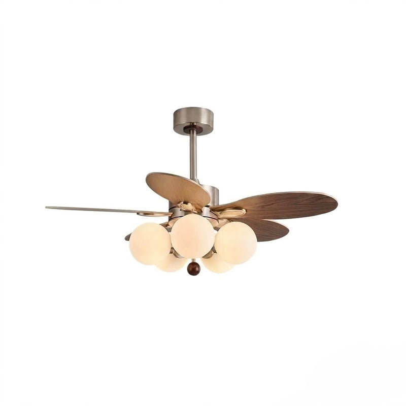Mid-Century Walnut Ceiling Fan with Globe Lights for Living Room