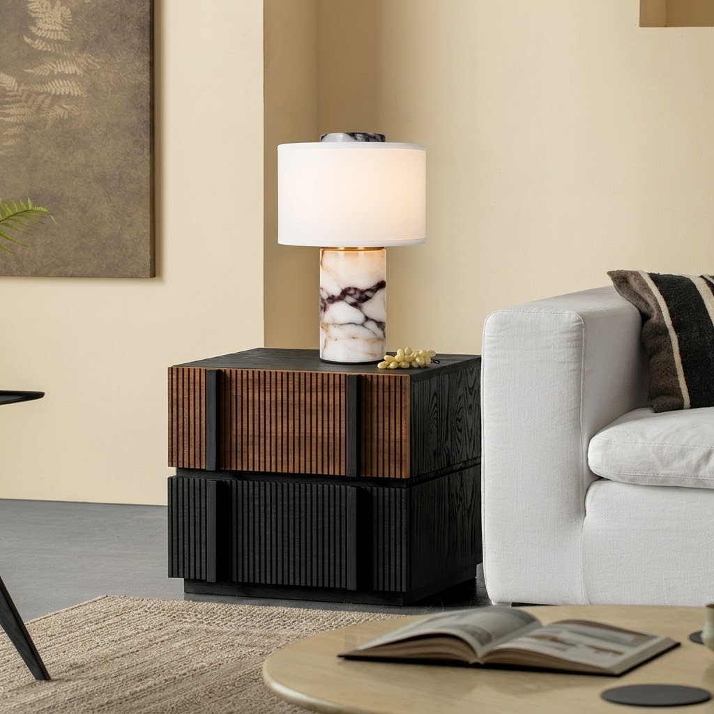 Modern Stone Base Table Lamp with White Fabric Shade for Bedroom