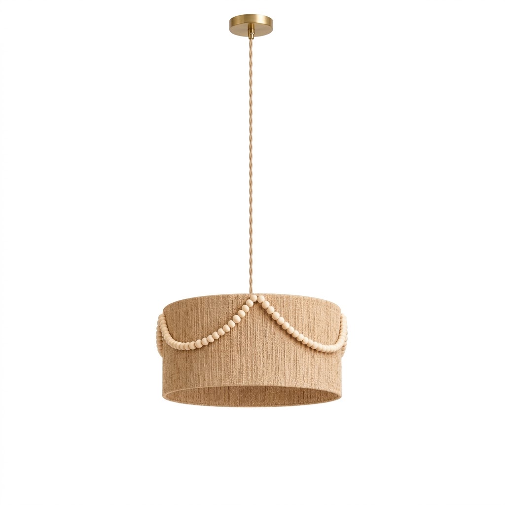 Boho Woven Jute Pendant Light with Wood Bead Garland - Coastal Drum Chandelier