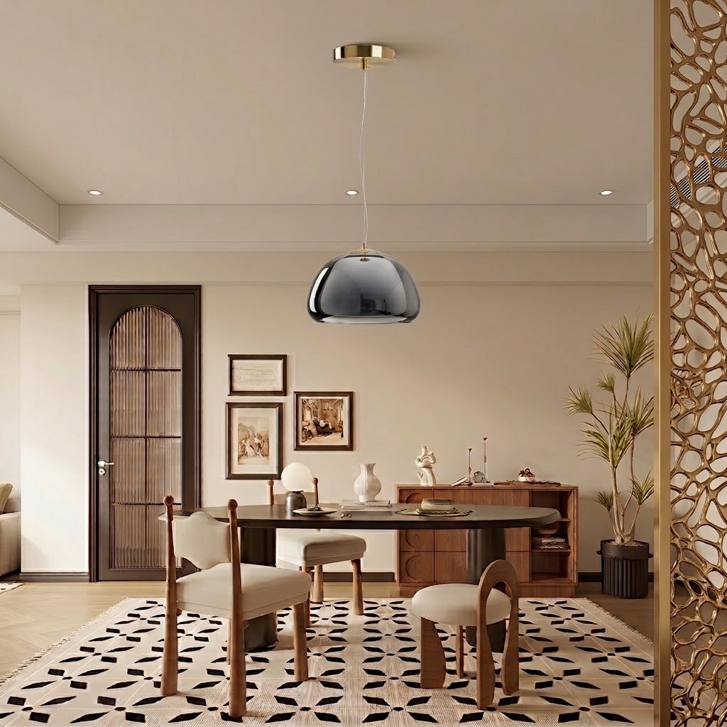 Modern Double Layer Glass Pendant Light Brass Dome Hanging Fixture