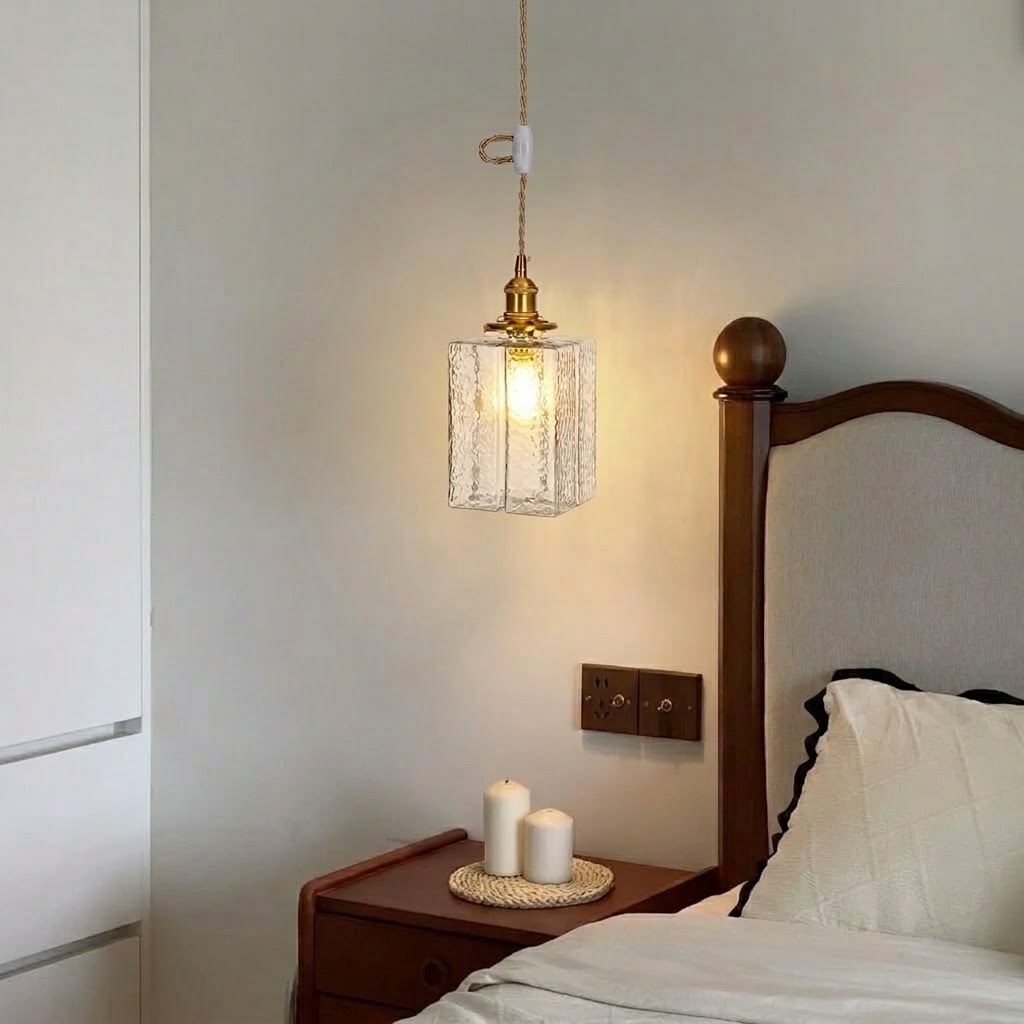 Modern Handblown Glass Pendant Light - Vintage Brass Square Hanging Lamp