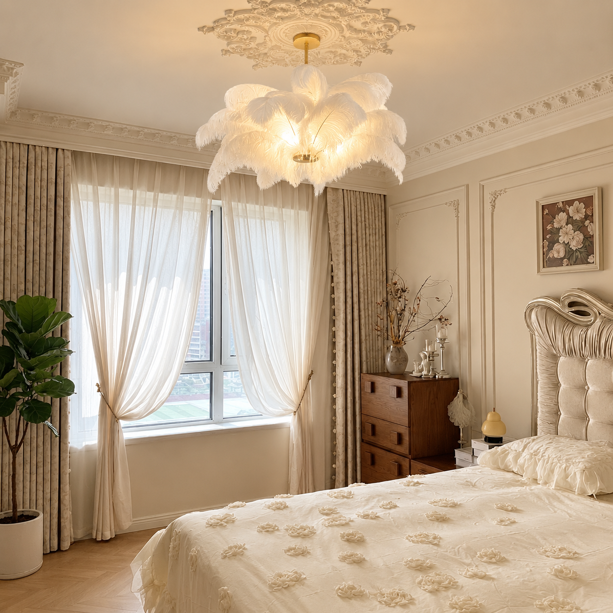 Elegant White Ostrich Feather Chandelier for Bedroom & Living Room