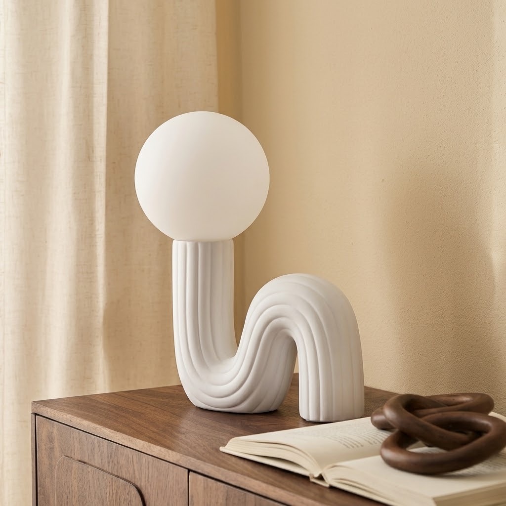 Sculptural Wave Resin Table Lamp with Glass Globe Shade