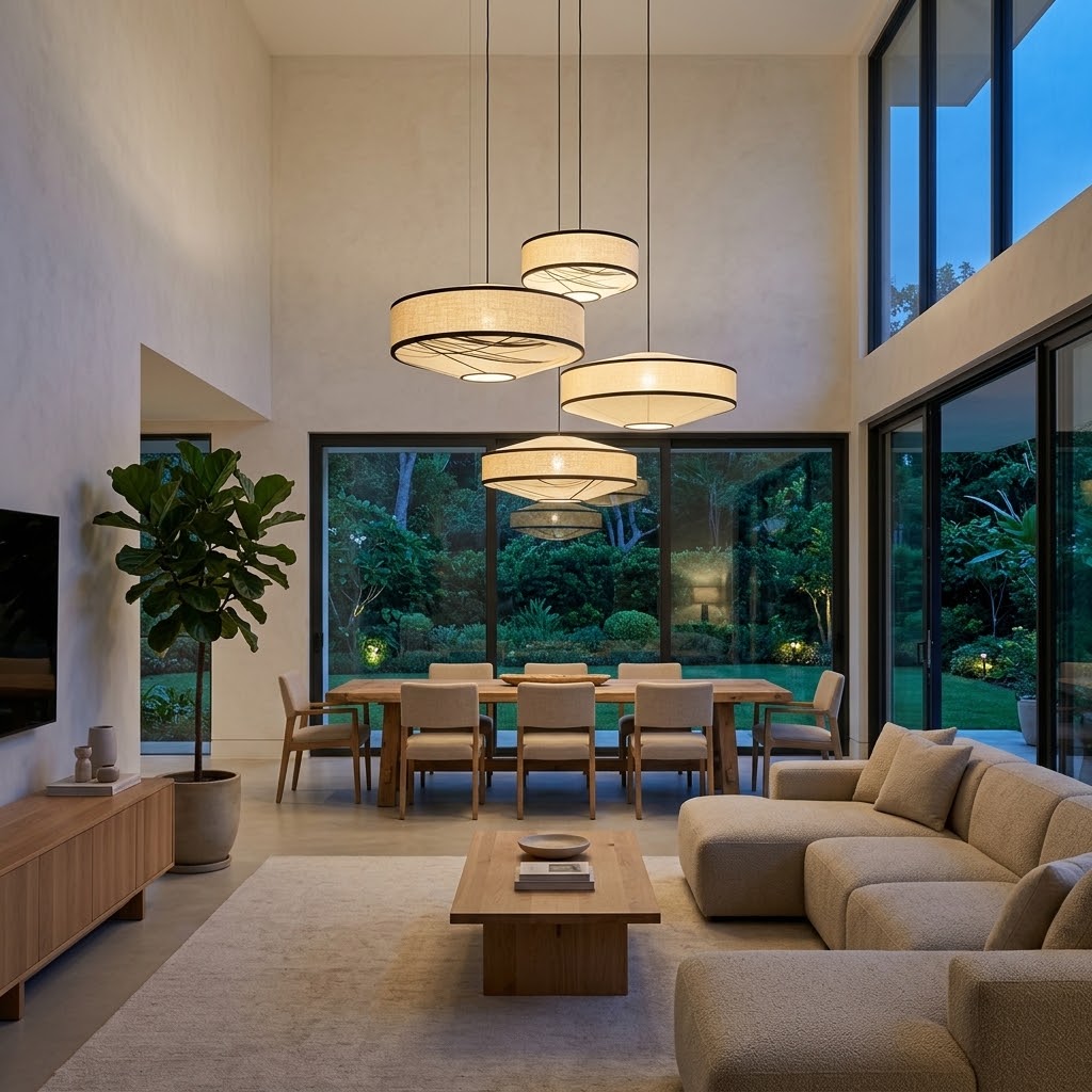 Japandi Fabric Drum Pendant Light Modern Linen Chandelier