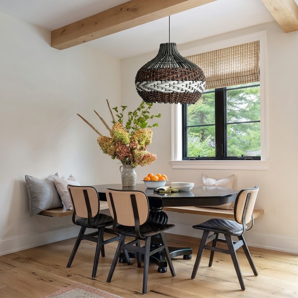 Black Rattan Pendant Light – Boho Dome Kitchen Island Lighting with Brown & White Weave