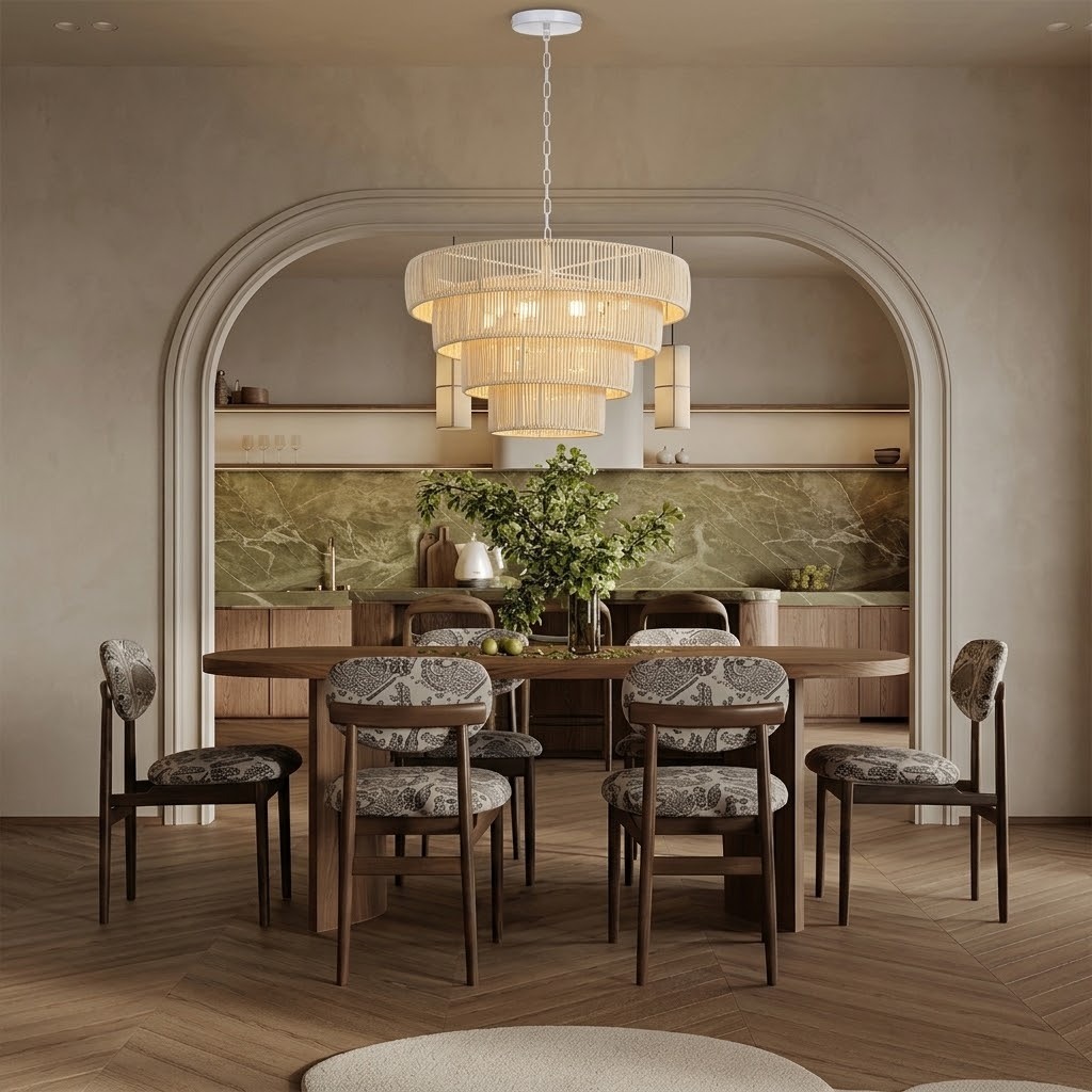 Natural Woven Rattan Tiered Pendant Light for Dining Room
