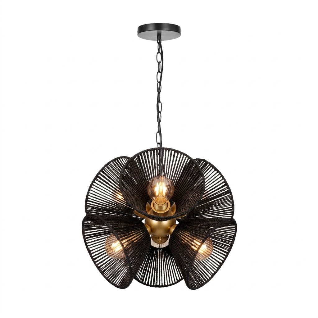 Boho Woven Rattan Flower Pendant Light for Dining Room & Kitchen Island