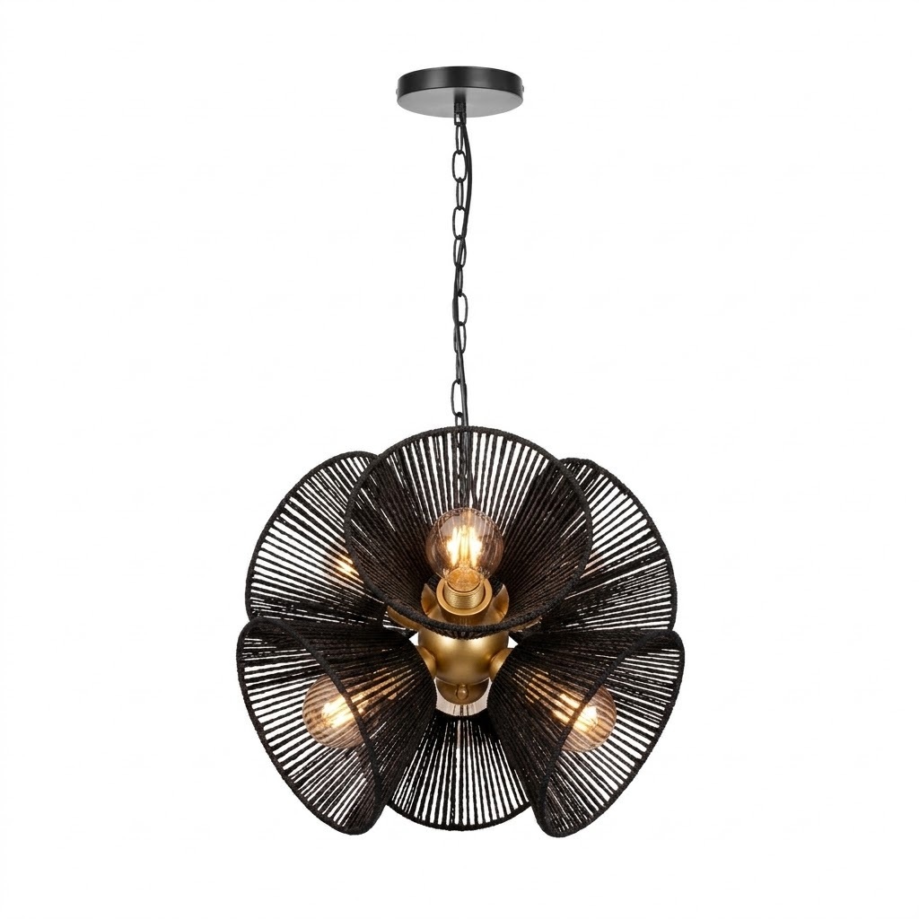 Boho Woven Rattan Flower Pendant Light for Dining Room & Kitchen Island