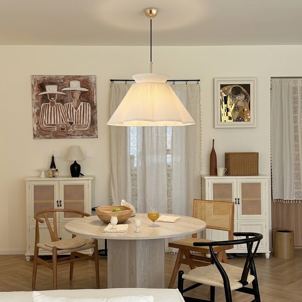Modern Ivory Pleated Fabric Pendant Light for Dining Room