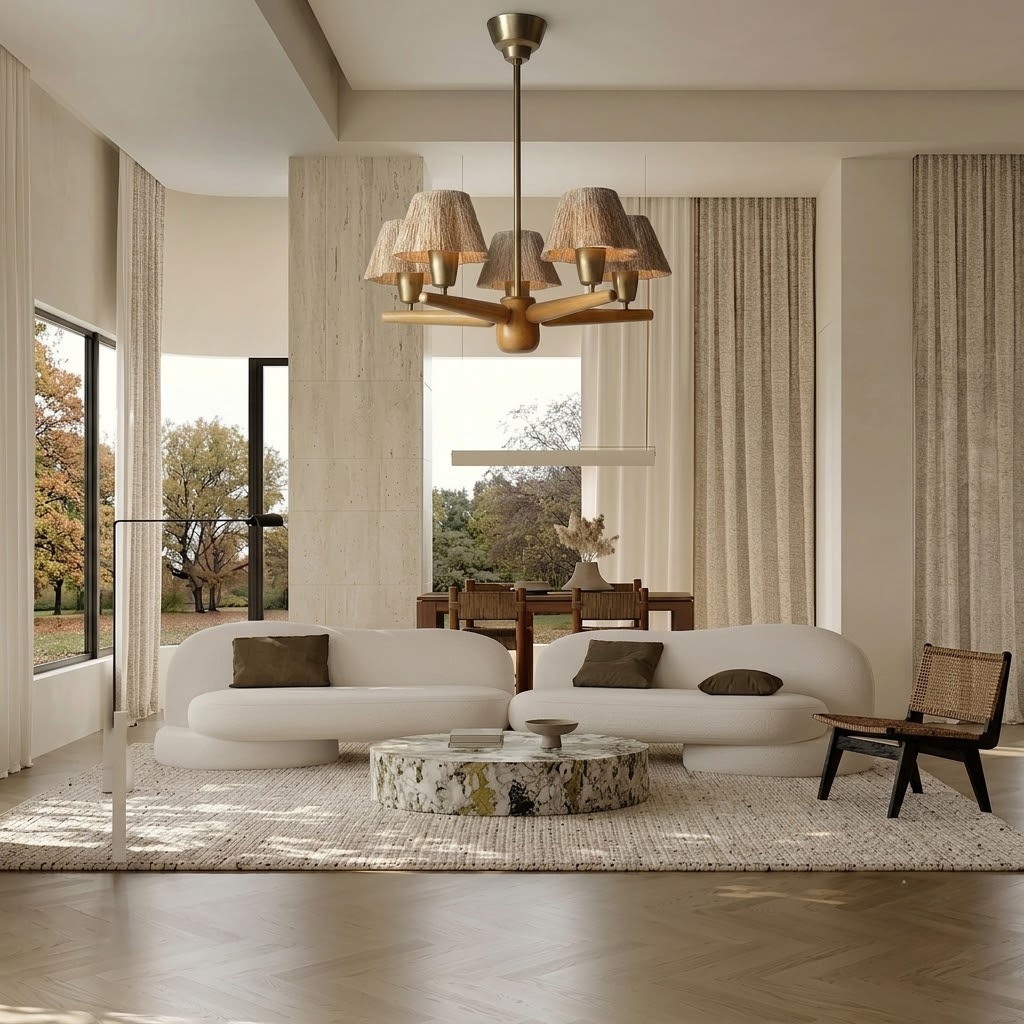 Mid-Century Solid Wood Fabric Chandelier for Dining Room & Bedroom